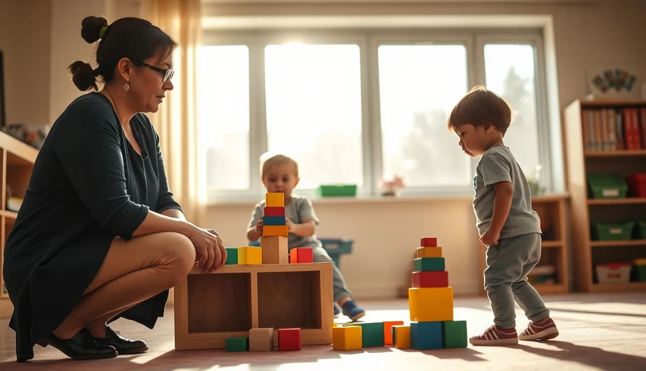 Early childhood educator observing two toddlers playing with wooden blocks in a daycare classroom