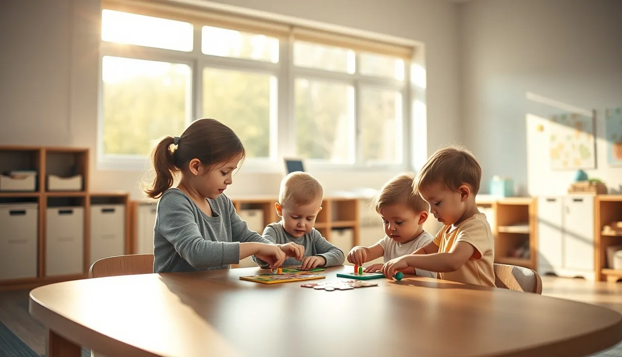 Daycare teacher sitting with two toddlers at a table in a sunny classroom