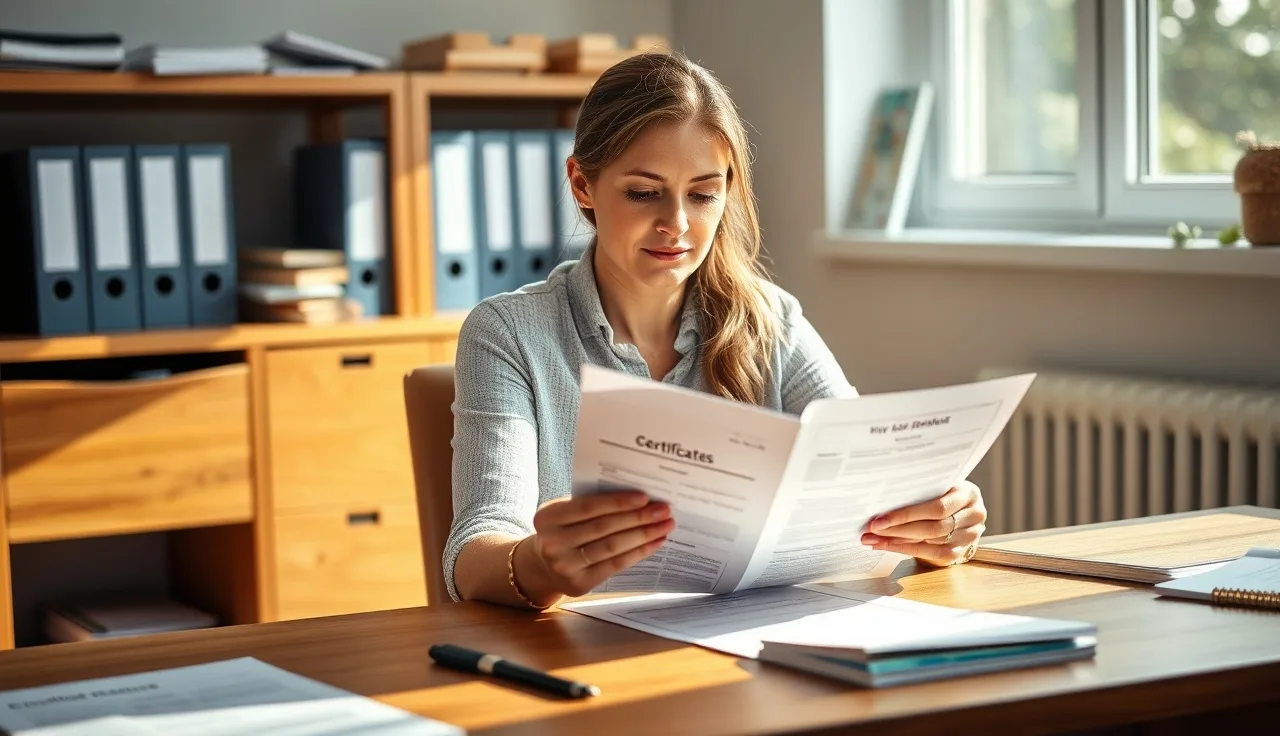 Childcare director reviewing staff professional development certificates at her desk