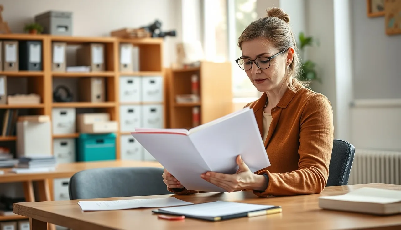 Child care administrator reviewing substitute staff credential files at a desk