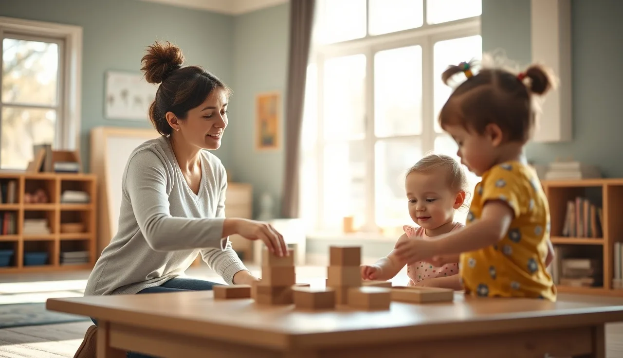 Early childhood educator working with toddlers stacking blocks in a daycare classroom