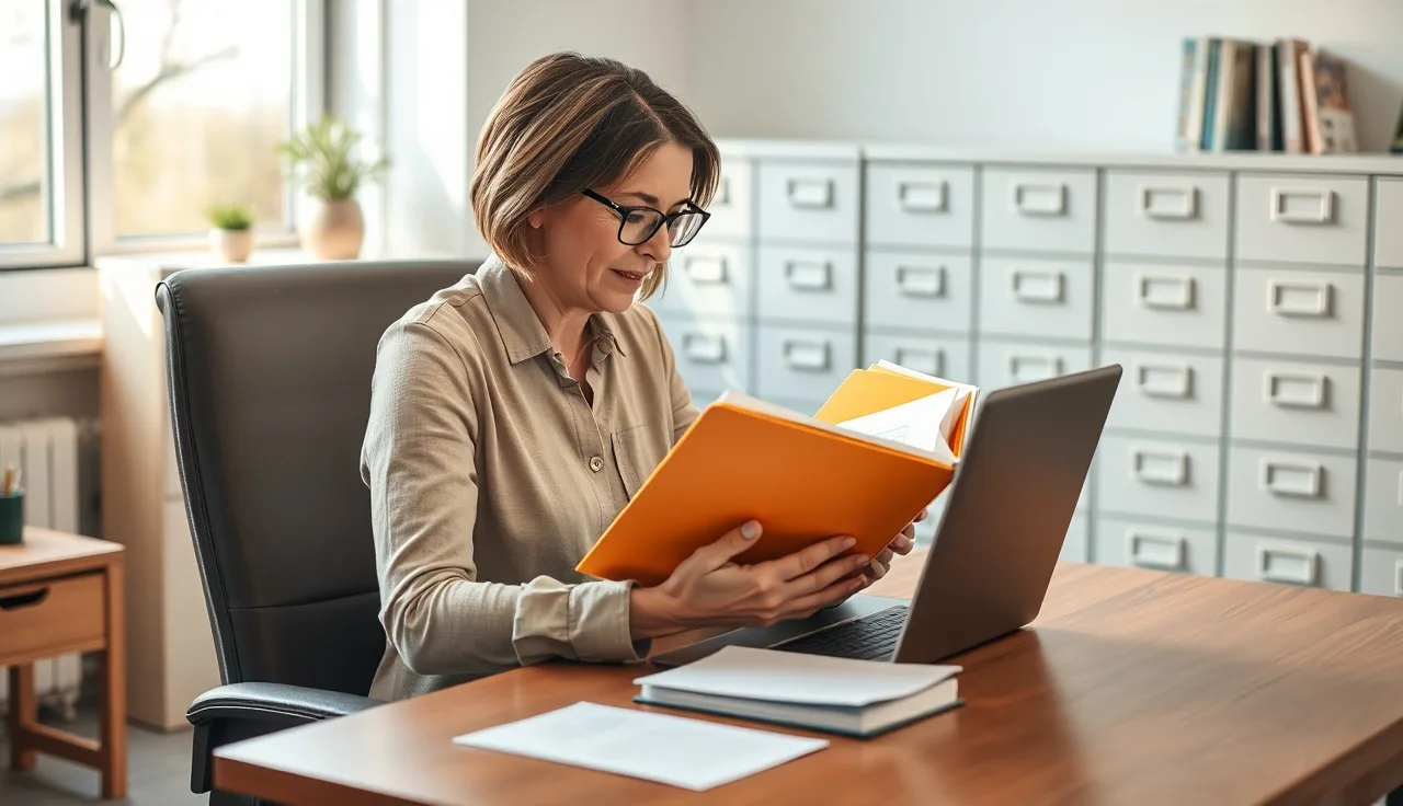 Childcare director reviewing organized staff training record binders at a desk
