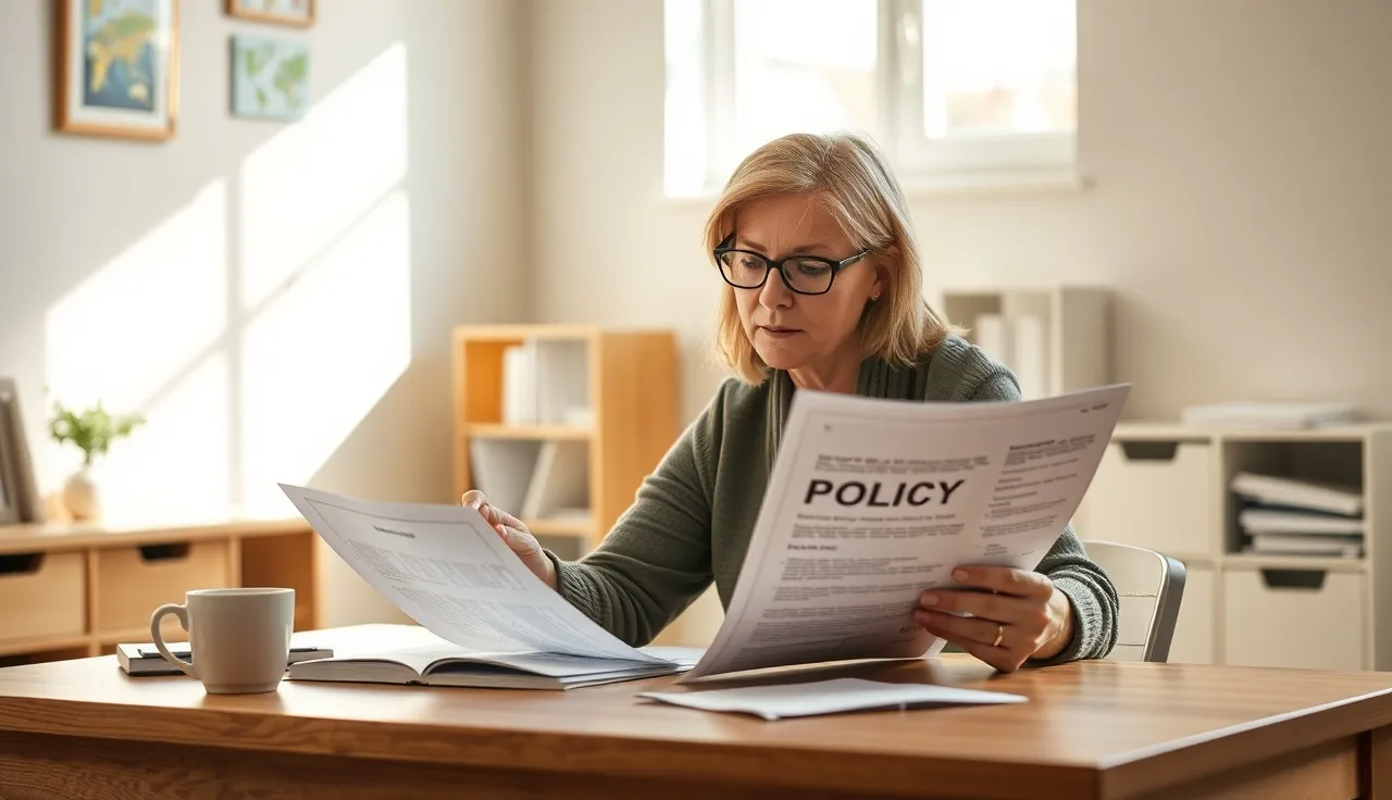 Daycare director reviewing employee handbook policy documents at a desk