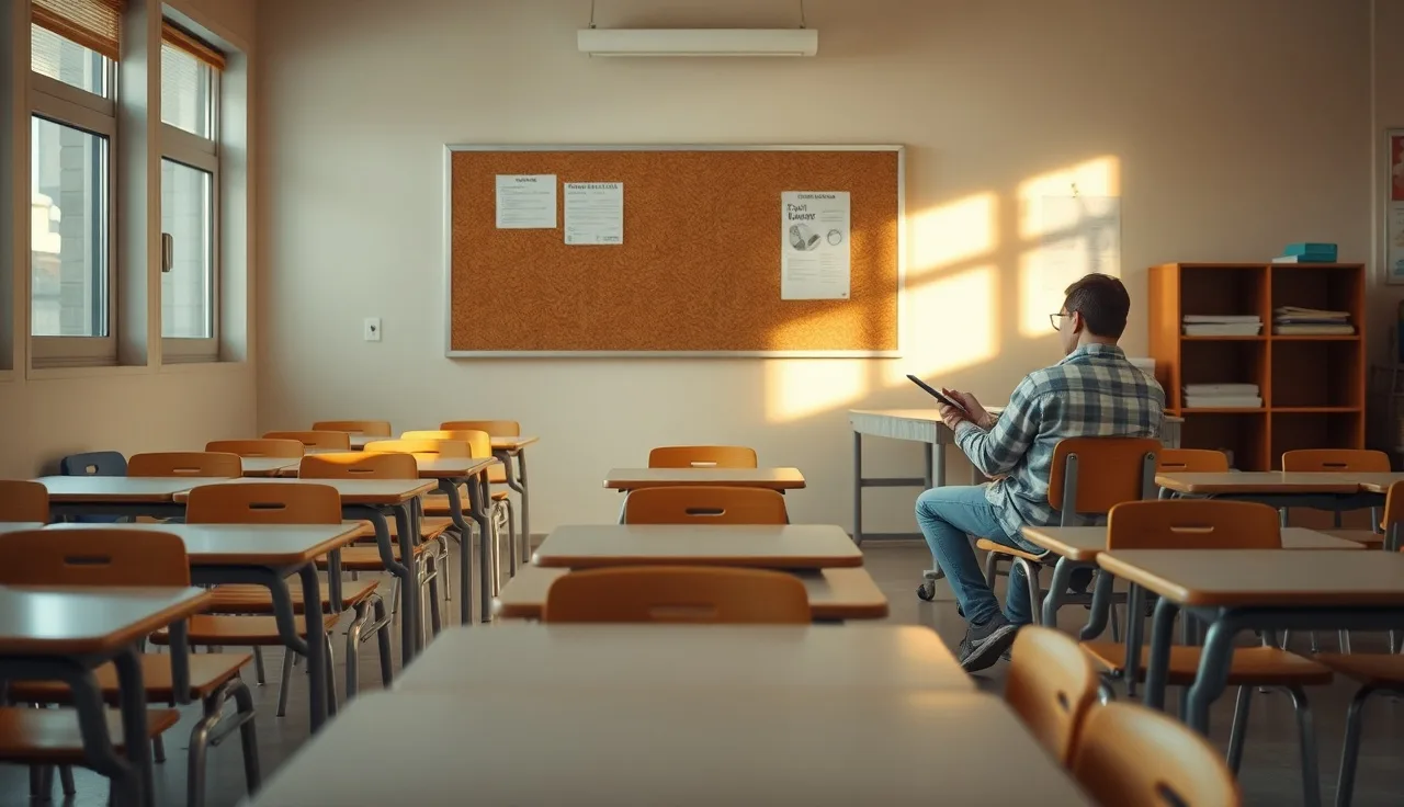 Empty preschool classroom with morning light, teacher reviewing substitute policy paperwork