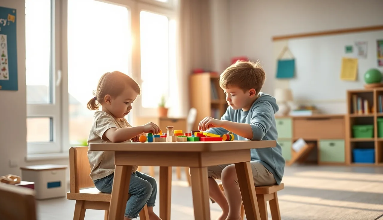 Early childhood educator working with toddlers at a classroom table, earning CDA credential