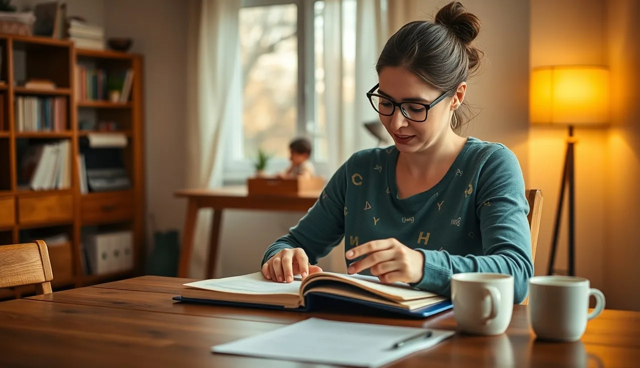 Childcare provider reviewing CDA portfolio notes at a wooden desk with morning lamp light