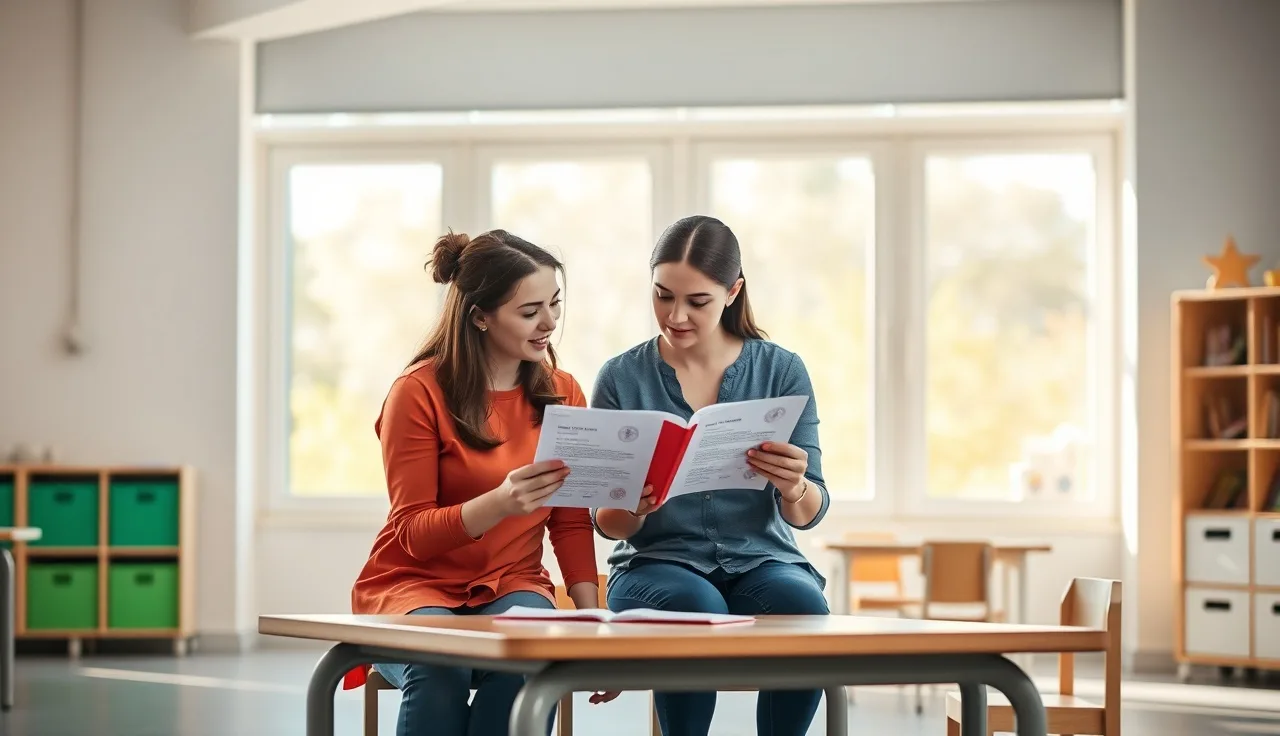 Two daycare teachers reviewing professional development training certificates at a classroom table