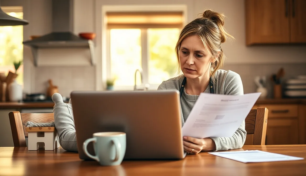 Childcare provider completing online training on a laptop at a kitchen table