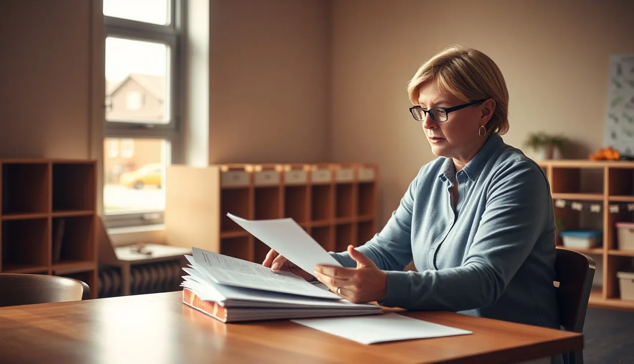 Childcare director reviewing volunteer background check documents at a desk