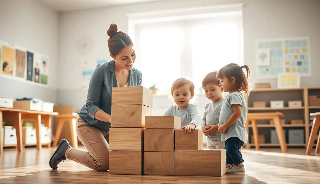 Preschool teacher working closely with children building blocks in a bright classroom