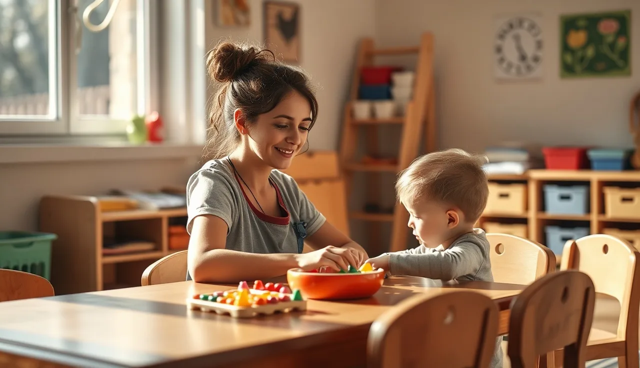 Child care educator working with a young child at a table in a licensed daycare classroom