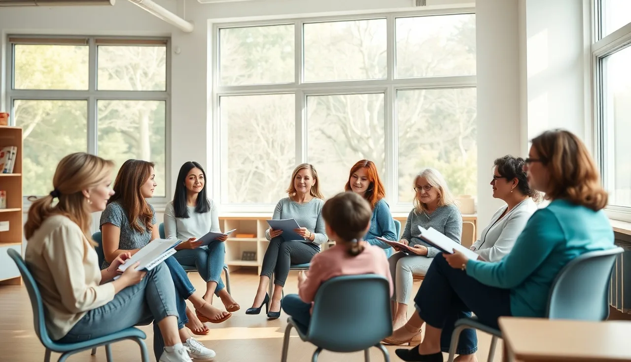 Daycare teachers in a circle during a staff training professional development session