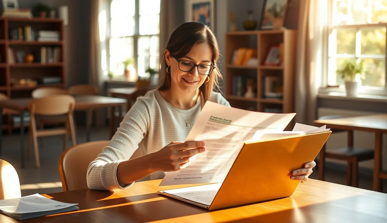 Childcare educator reviewing CDA credential documents at a wooden table in natural light
