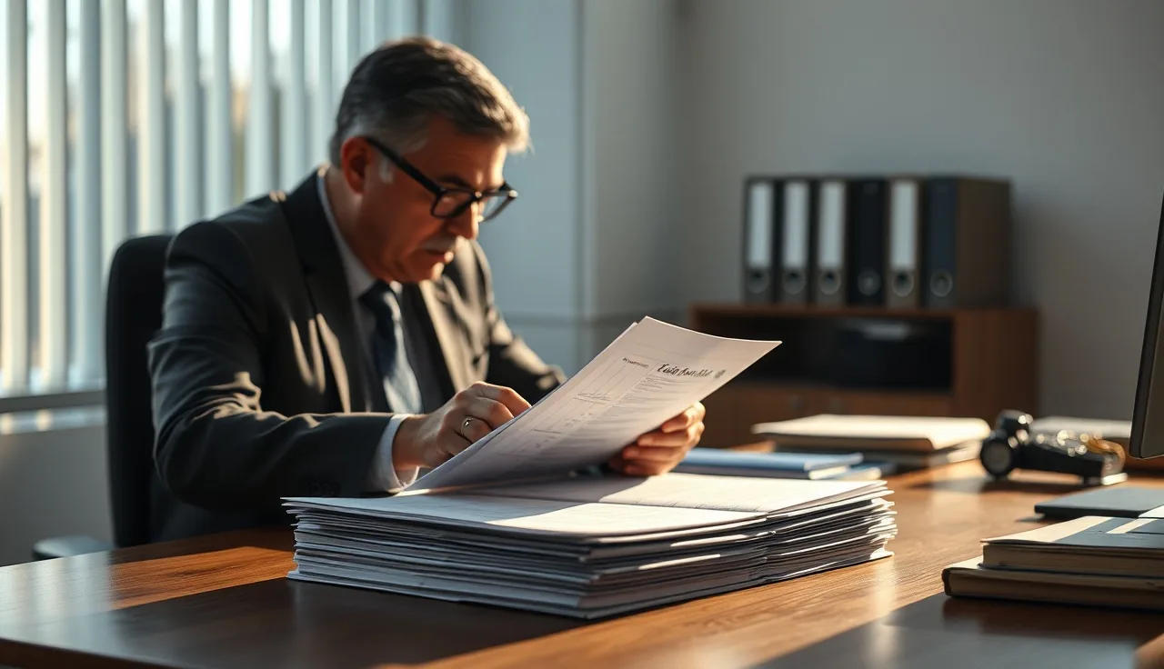 Official reviewing background check documents at a government office desk
