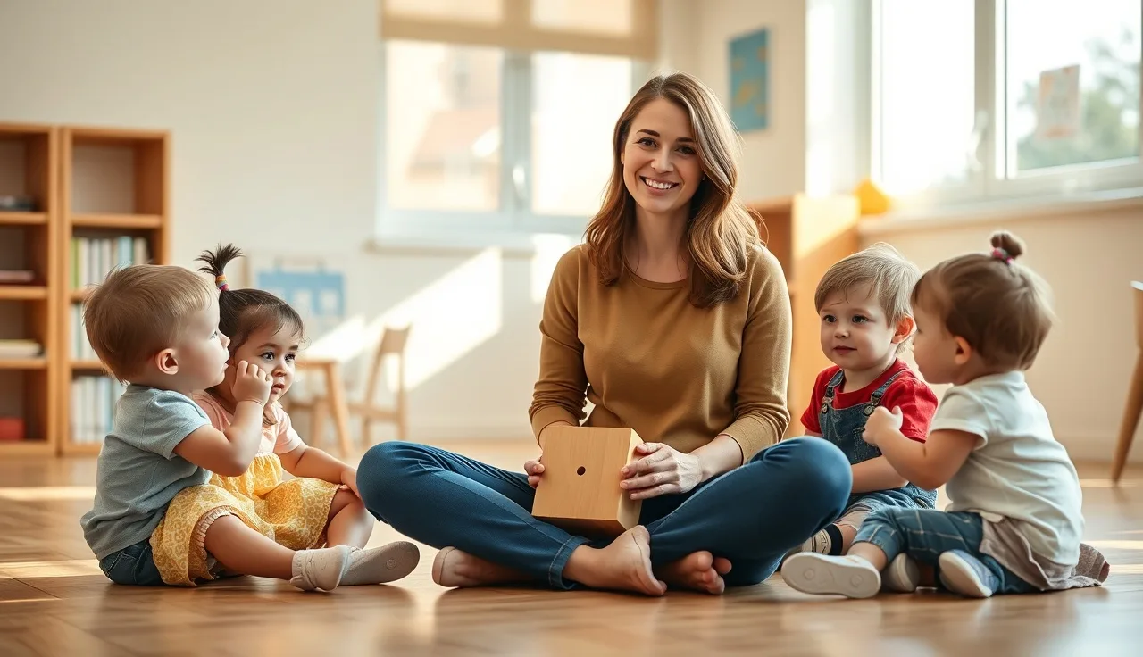Early childhood educator sitting on floor engaging toddlers with wooden toy in morning light