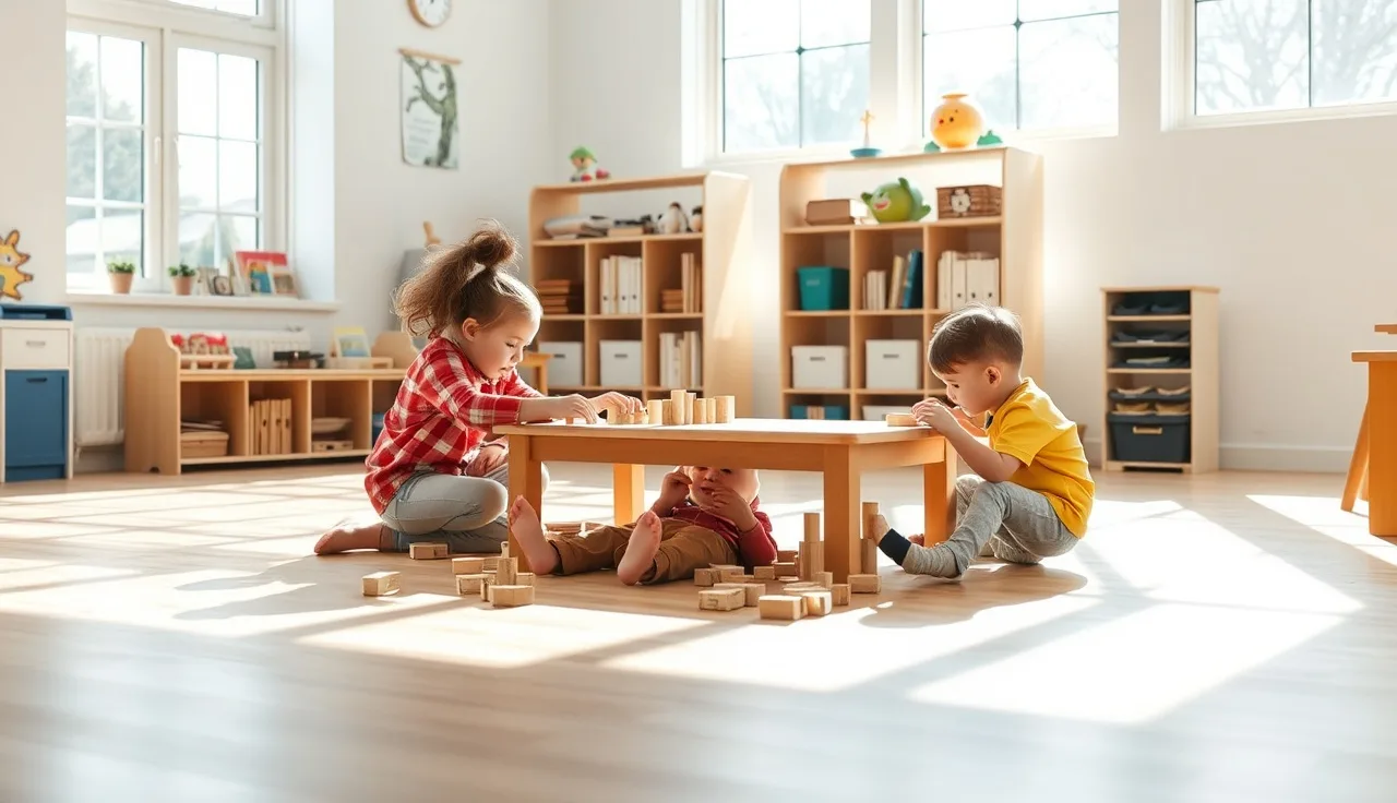 Childcare educator working with toddlers at a wooden table in a daycare classroom