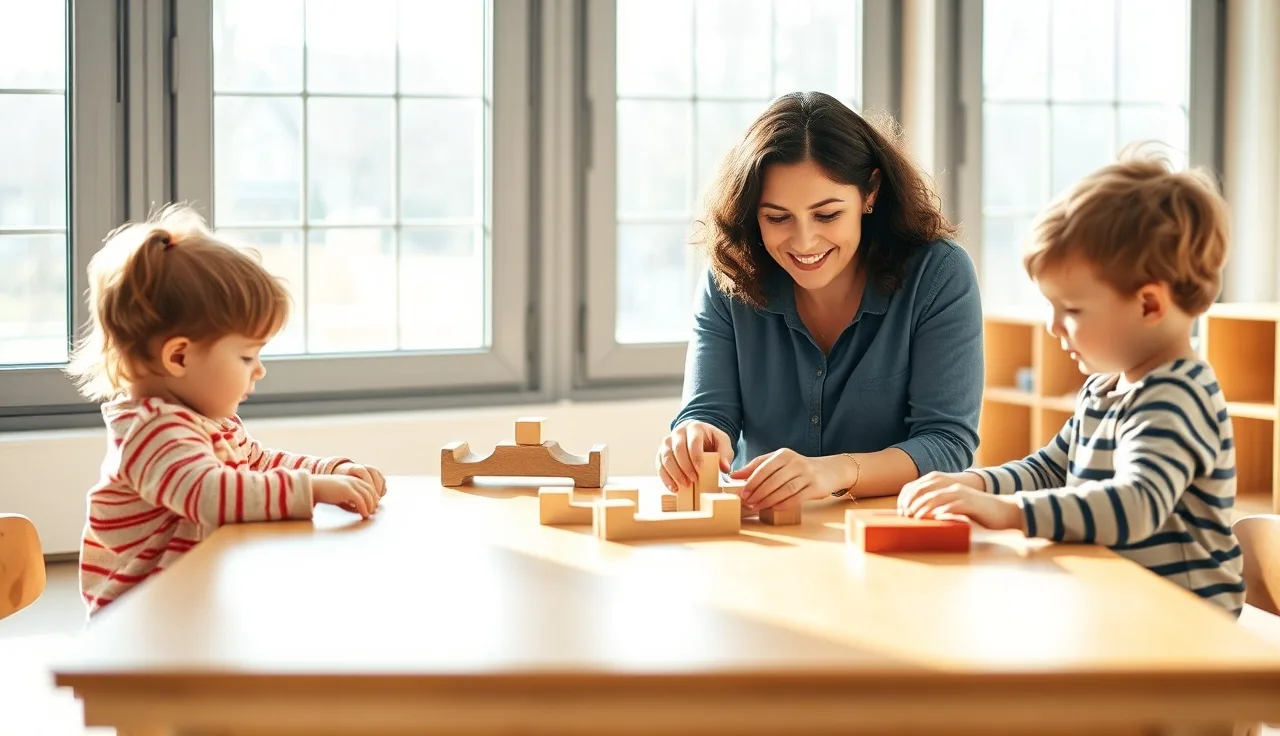 Assistant teacher sitting with toddlers at a low table in a licensed daycare classroom