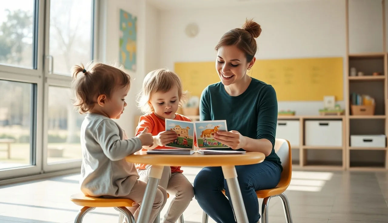 Childcare teacher working with toddlers at a table, CDA credential subject matter