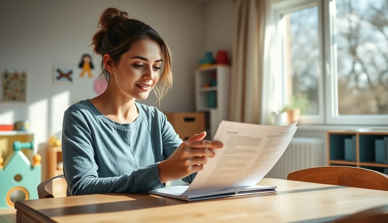 Childcare provider reviewing credential checklist in a home daycare playroom