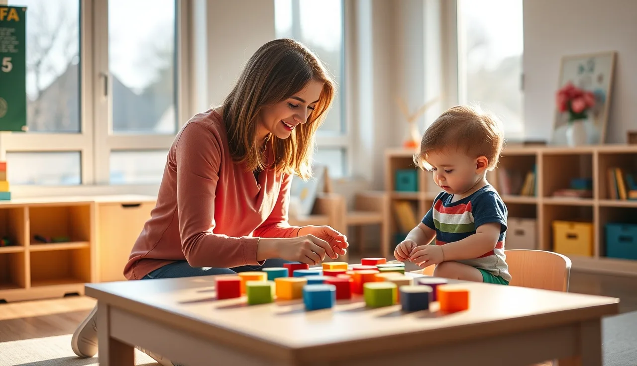 Childcare educator working with two toddlers at a table in a daycare classroom