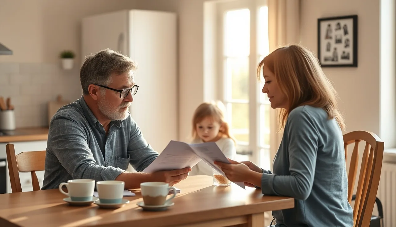 Parent and daycare provider reviewing a child enrollment contract at a kitchen table