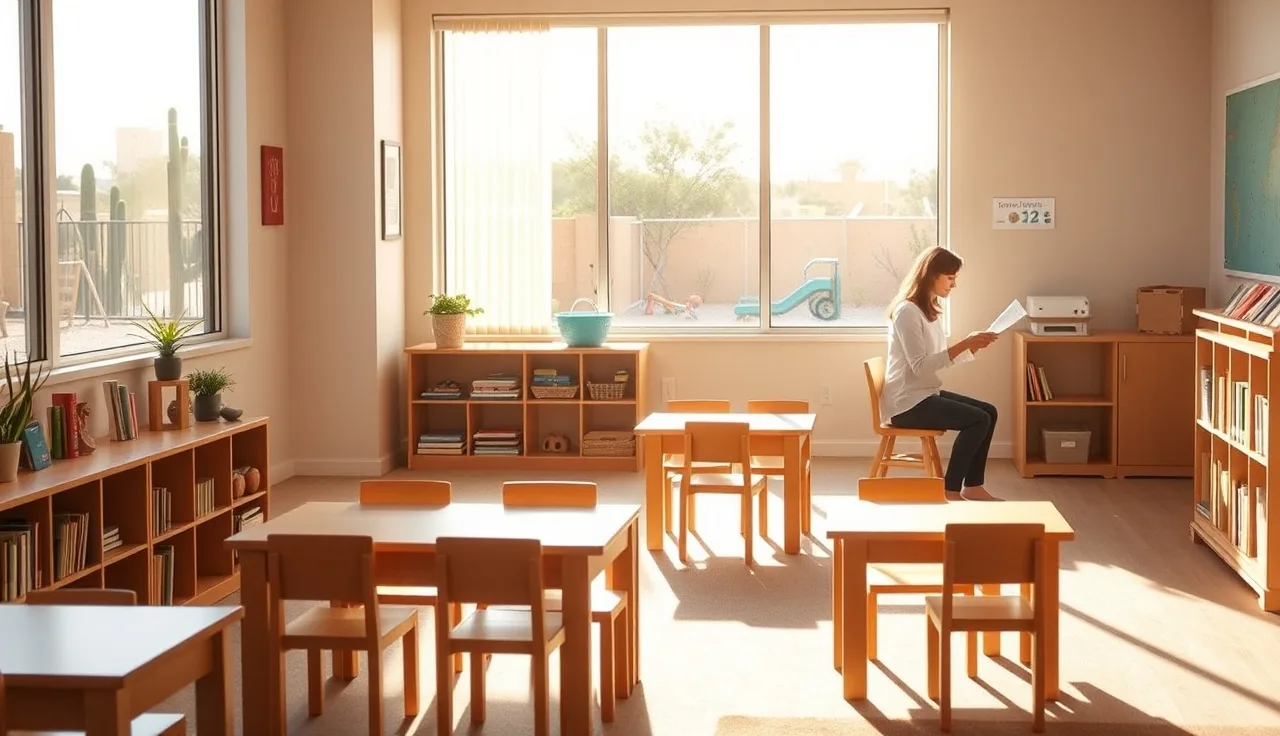 Arizona childcare provider reviewing documents at a desk in a licensed daycare classroom