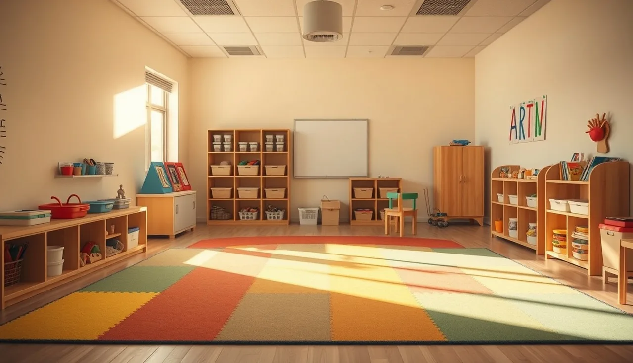 Empty Arkansas daycare classroom with wooden shelves and colorful floor mats in morning light