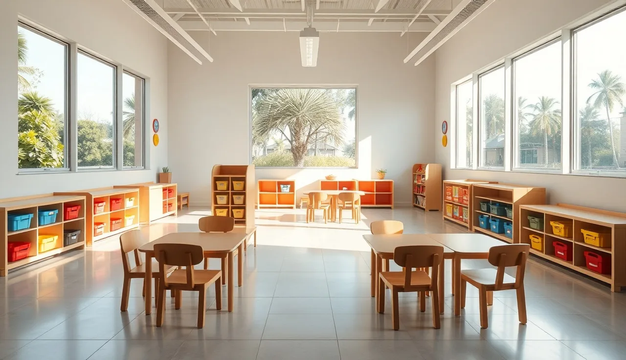 Empty preschool classroom in Broward County daycare bathed in morning sunlight