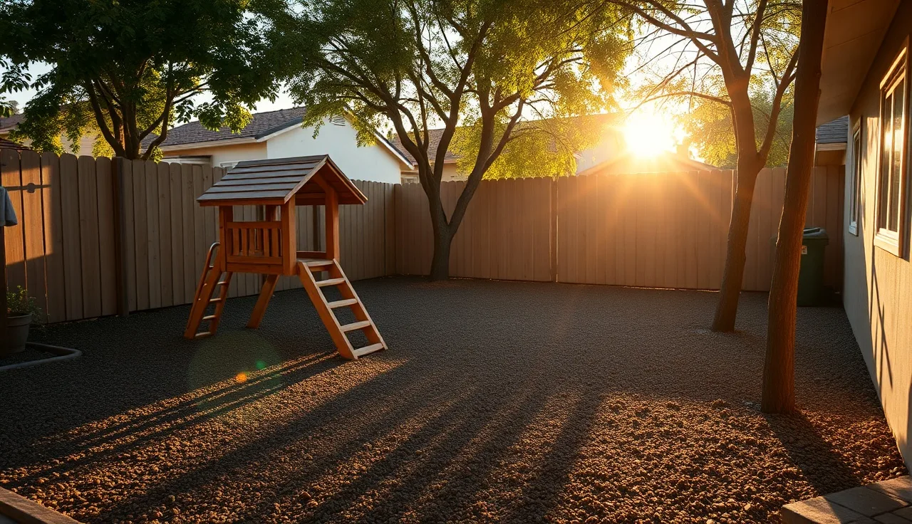 Sunlit fenced backyard play area at a California home daycare facility