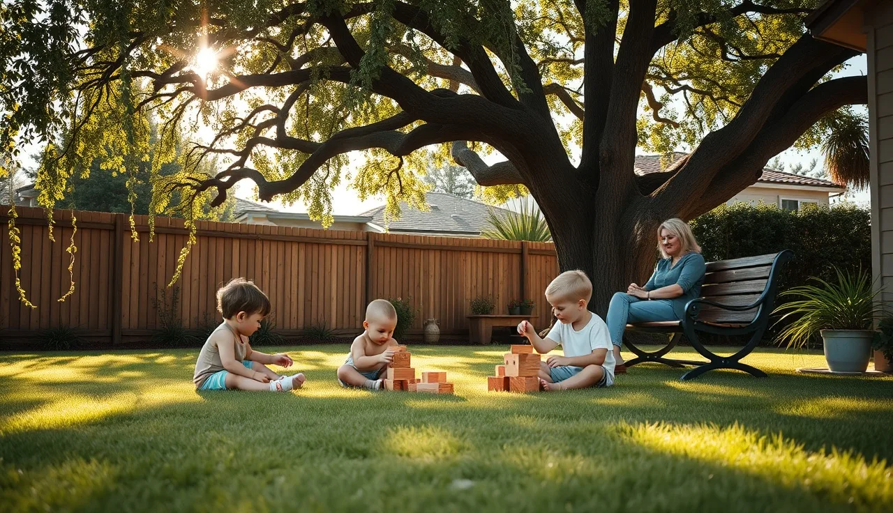 Caregiver watching two toddlers play outdoors at a licensed home daycare in California