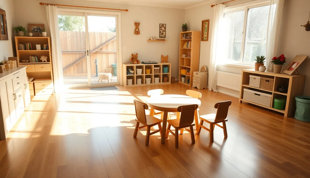 Sunlit California home daycare playroom with small wooden chairs and toys