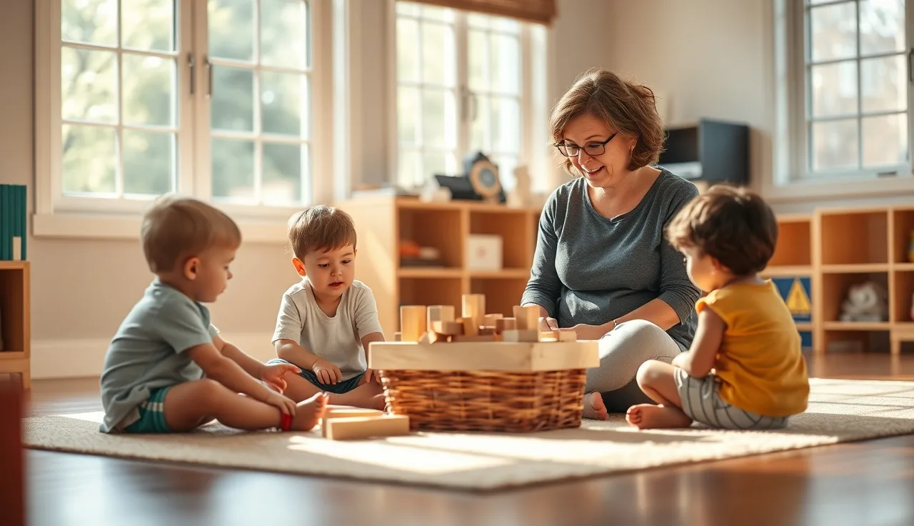 Early childhood educator sitting on classroom floor with toddlers and wooden blocks