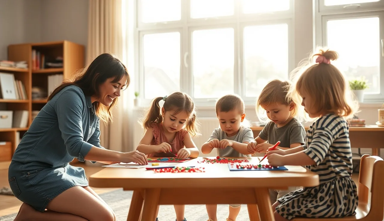 Childcare teacher working with young children at a table in a sunlit Wisconsin classroom