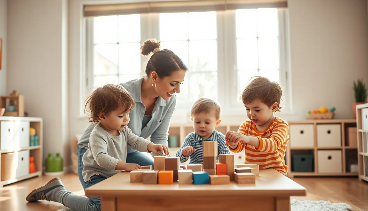 Child care provider working alongside two toddlers in a home daycare setting