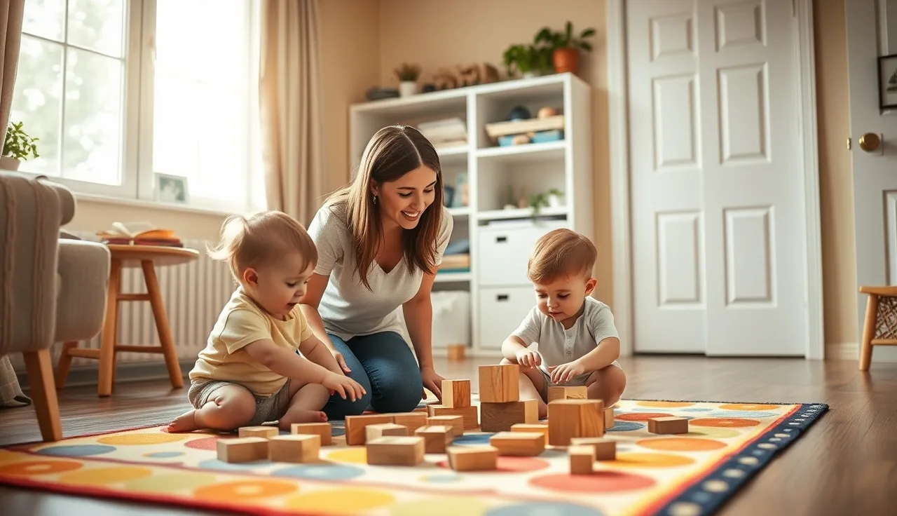 Home daycare provider kneeling with two toddlers playing with wooden blocks in Michigan