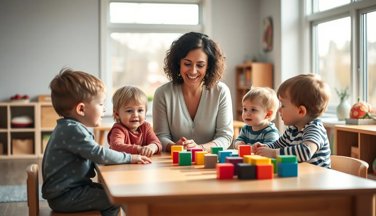 Childcare provider working with toddlers at a table in a licensed Nebraska daycare room