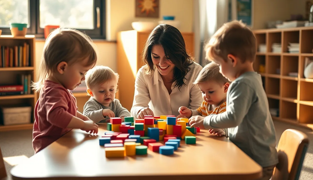 Child care teacher working with toddlers at a classroom table pursuing CDA credential