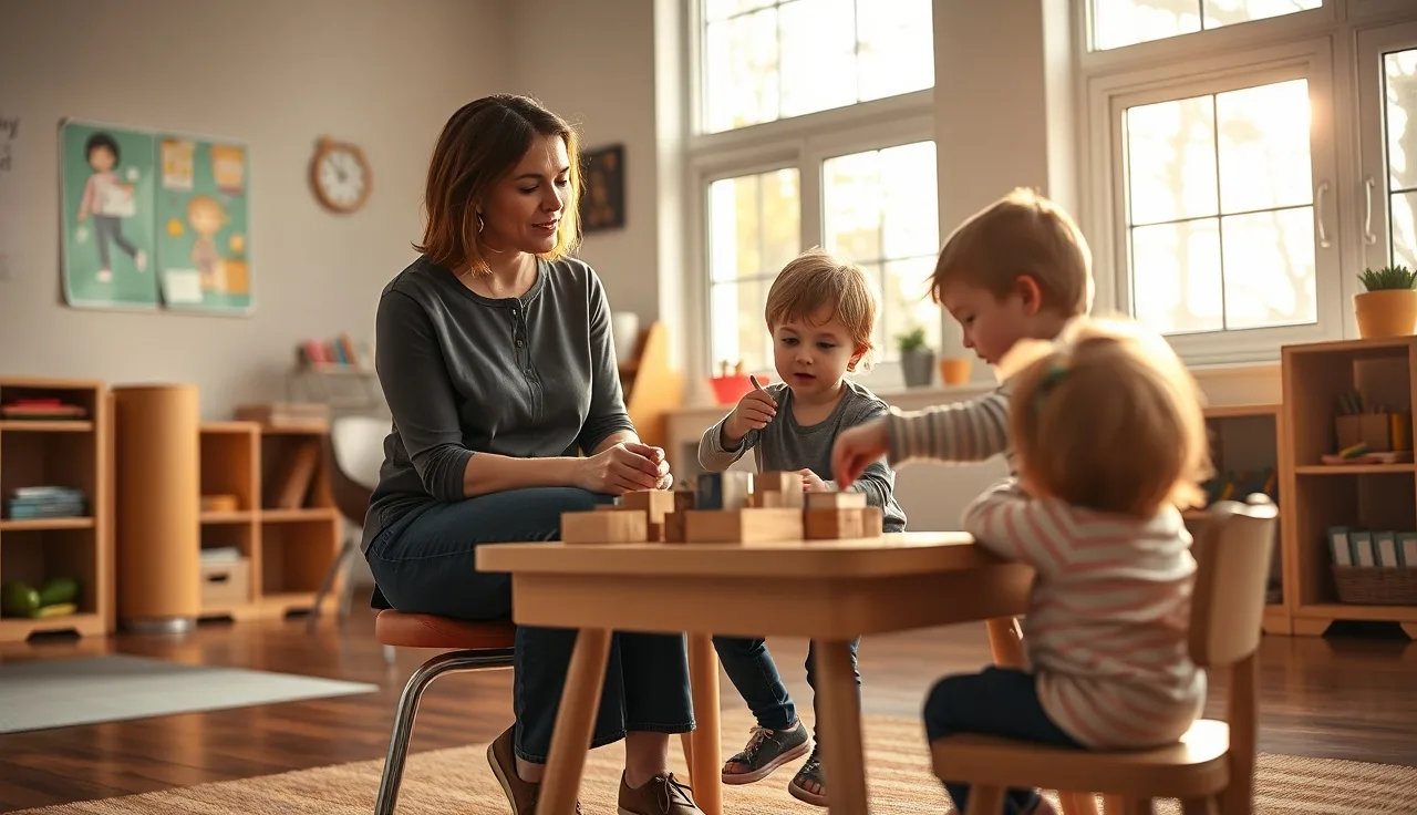 Childcare educator working with toddlers on CDA-related classroom activities in Alabama