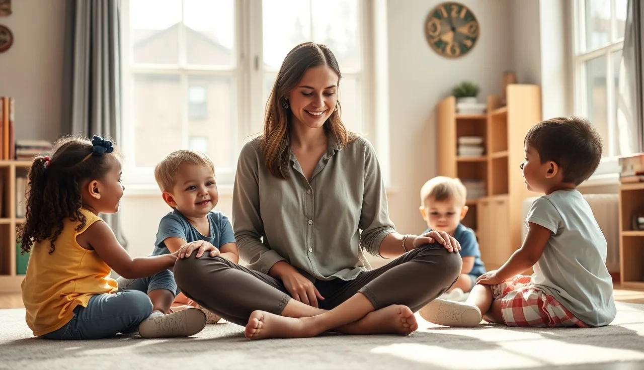 Childcare teacher and children on classroom floor in Washington DC daycare