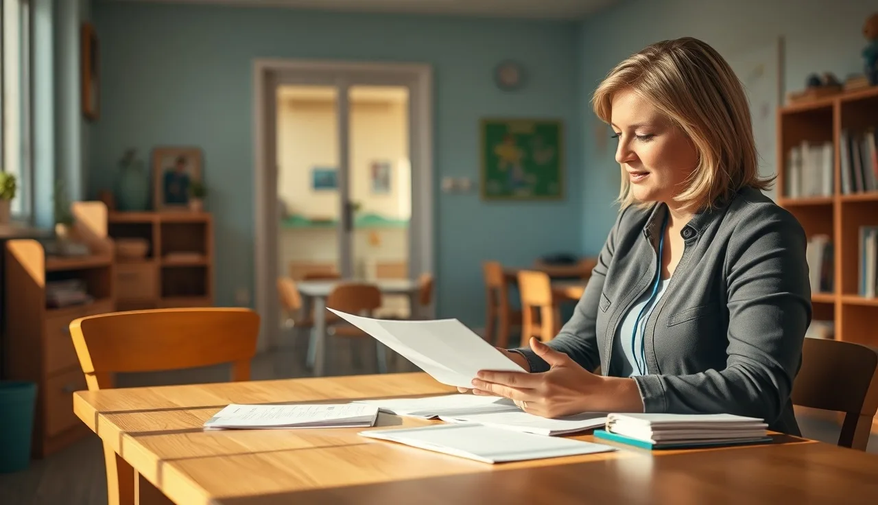 Childcare center director reviewing insurance documents at her office desk