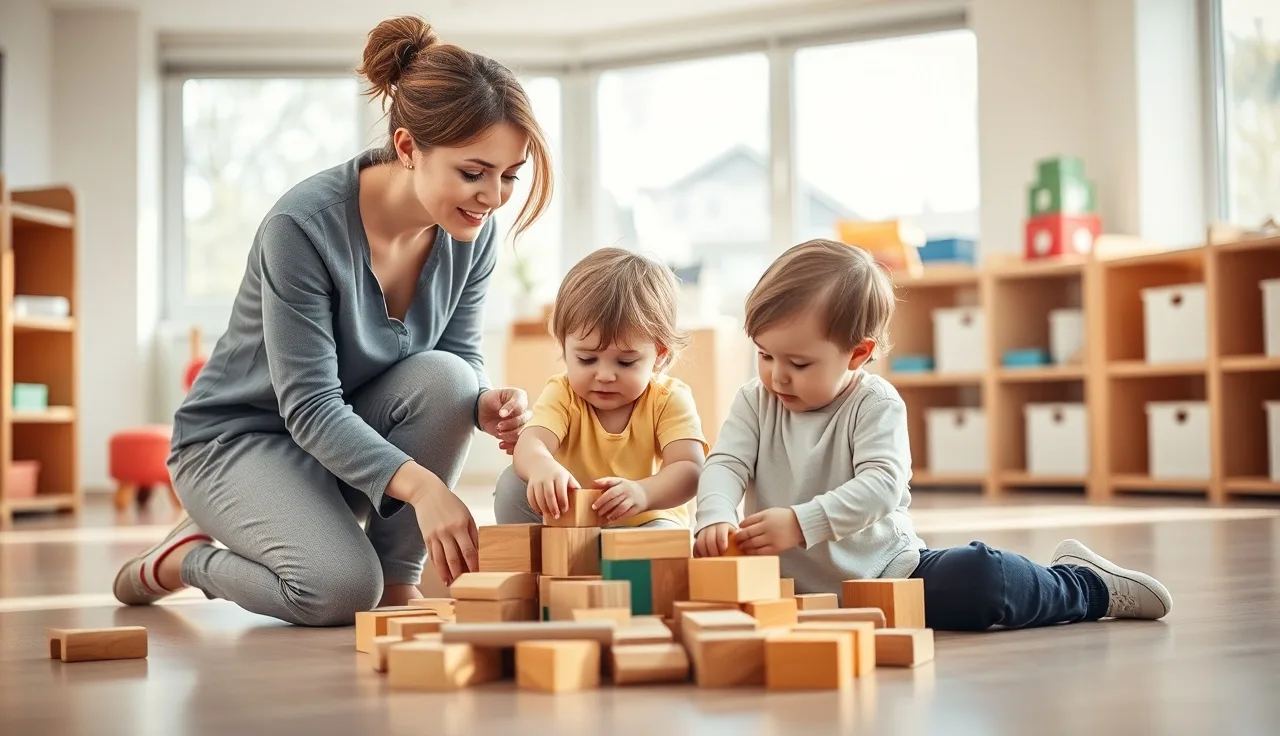 Childcare provider with toddlers playing blocks in a Missouri daycare classroom