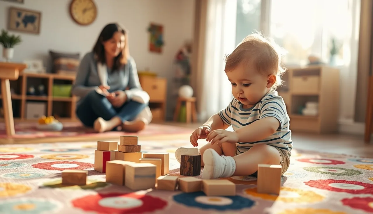 Toddler playing with blocks in a sunlit Oklahoma family childcare home