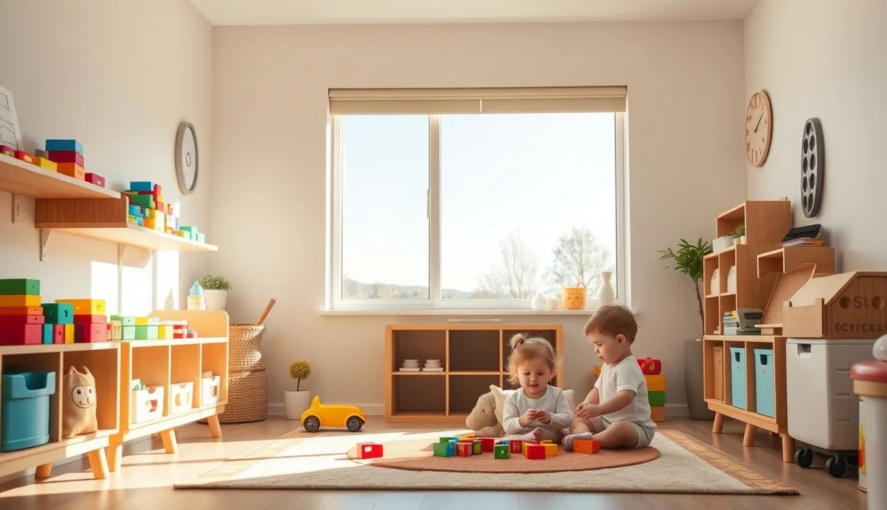 Two toddlers playing on a rug in a sunlit Colorado daycare room