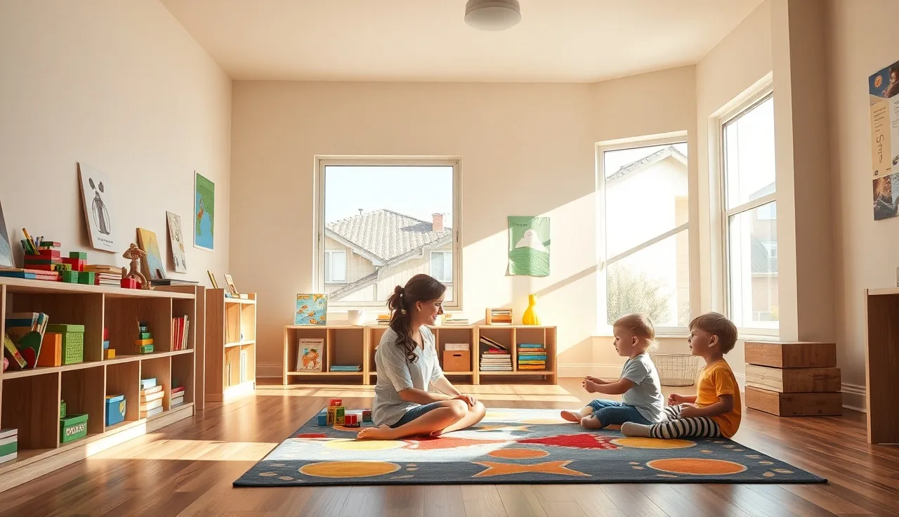 Caregiver sitting with toddlers on a rug in a Colorado licensed daycare classroom