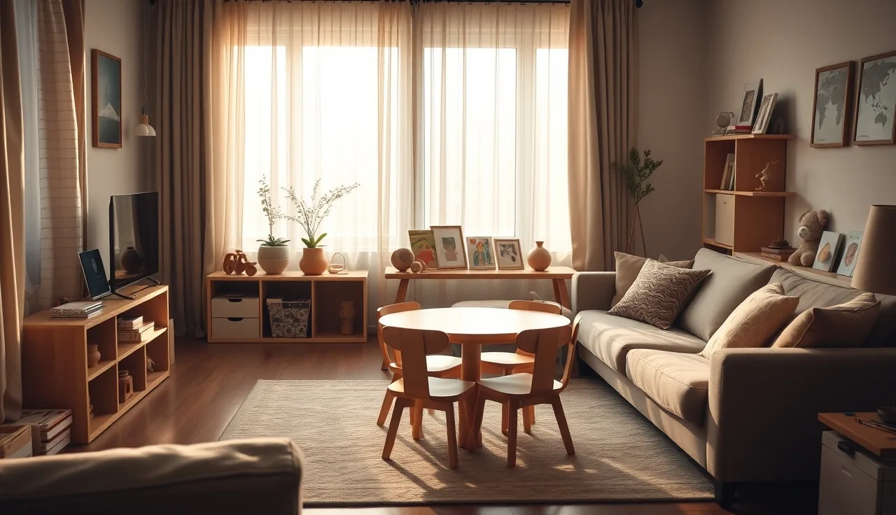 Home daycare room with wooden toys and child-sized furniture in morning light