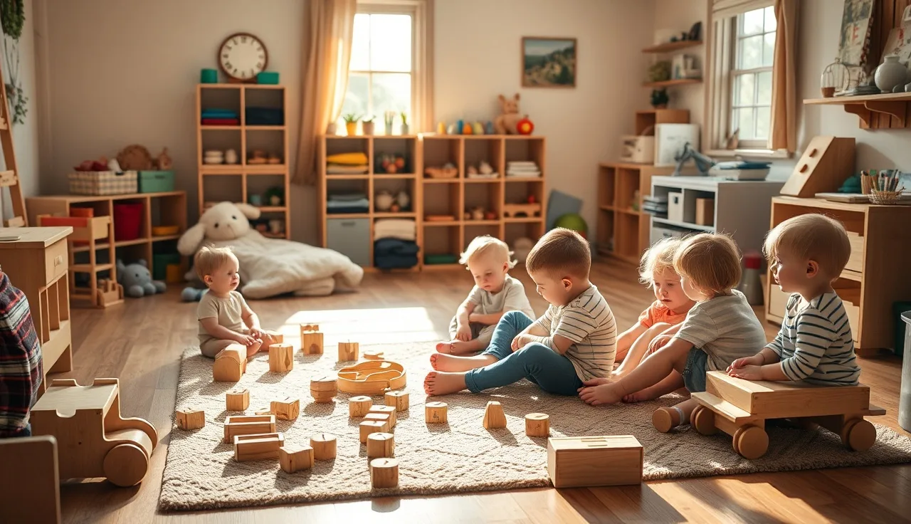 Caregiver sitting on a rug with young children in a home daycare playroom