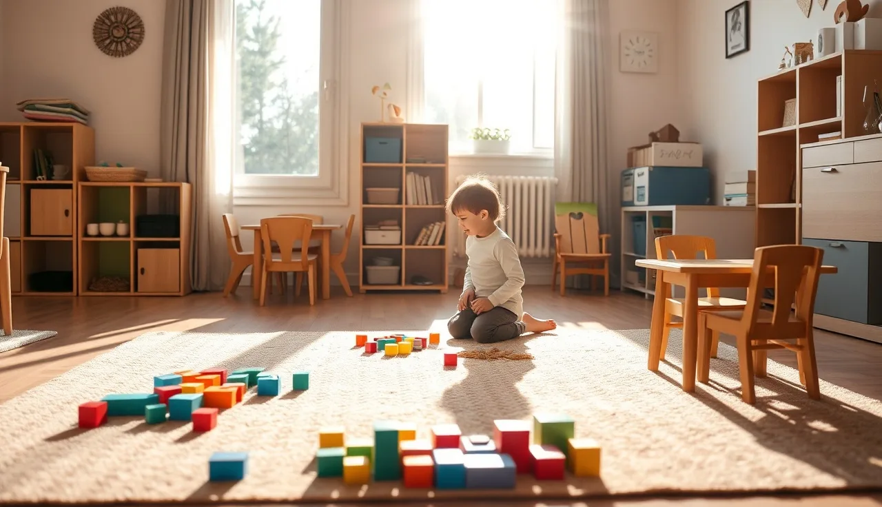 Home daycare playroom with caregiver and toddler near sunny window
