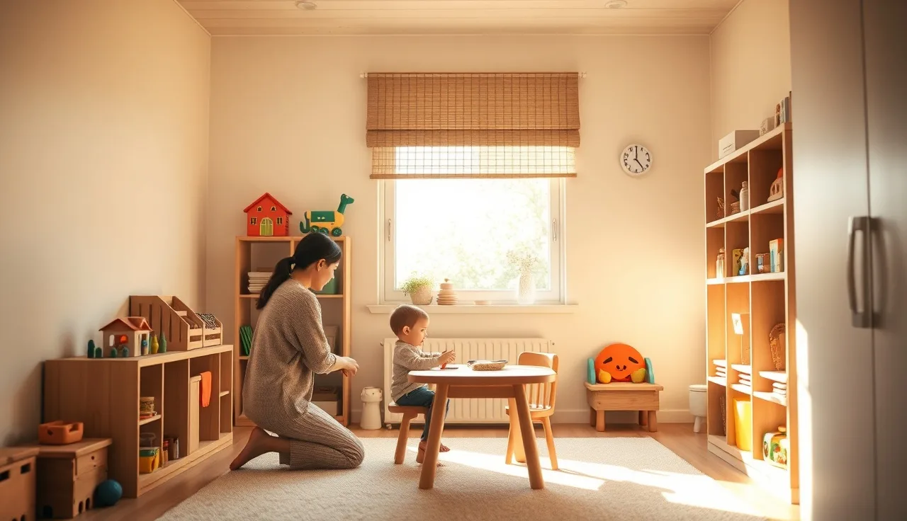 Caregiver kneeling beside a child in a licensed home daycare playroom