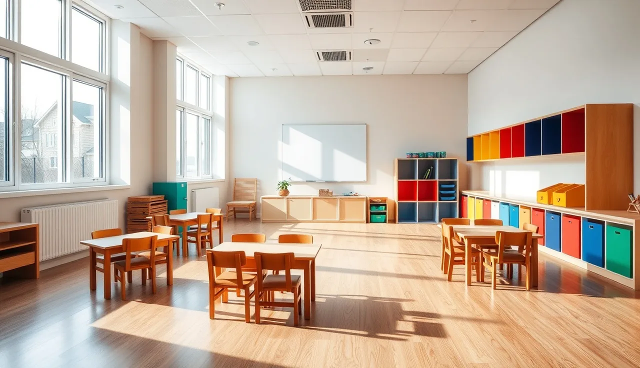 Empty daycare classroom with small chairs, low tables, and cubbies in morning light