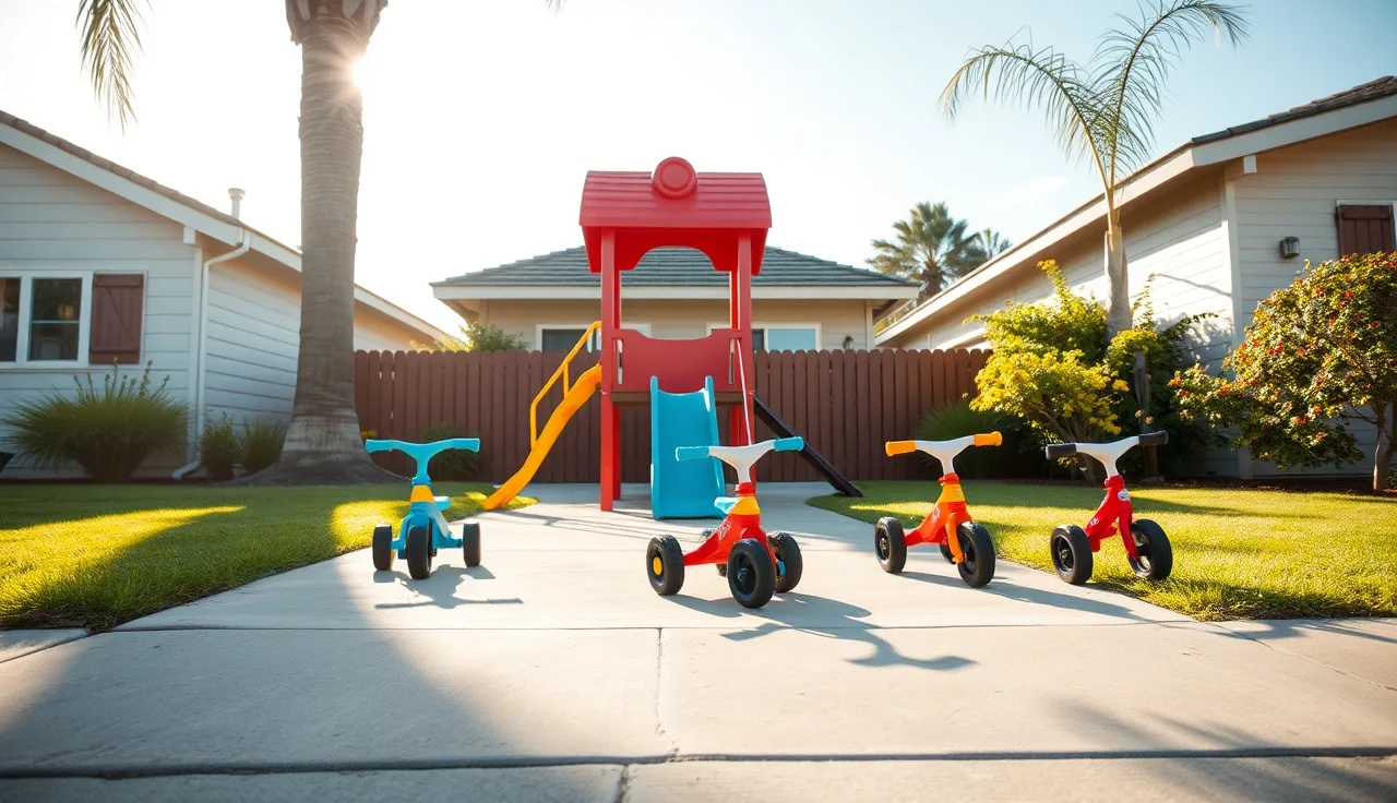 Sunny California home daycare yard with play structures and tricycles